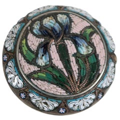 Antique Italian Micro Mosaic 800 Silver Iris Pin, 19th Century