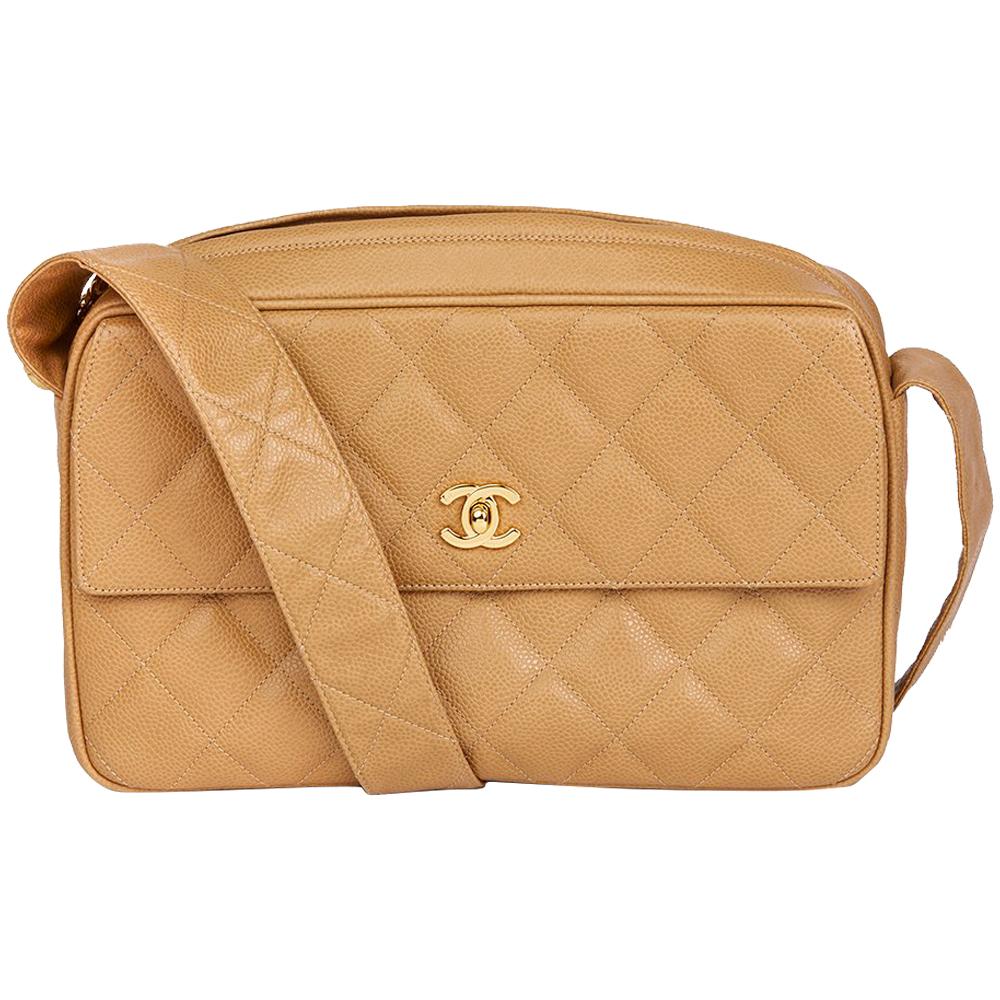 1994 Chanel Beige Quilted Caviar Leather Vintage Classic Camera Bag