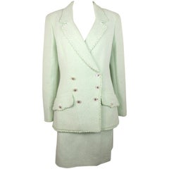 Chanel - Ensemble veste et jupe à double boutonnage en coton et laine blanc/vert