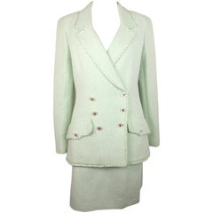 Chanel White/Green Cotton and Wool Double-Breasted Jacket and Skirt Ensemble 