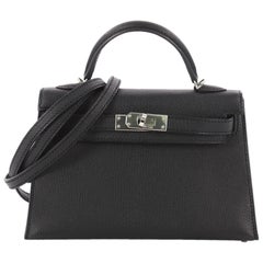 Hermes Kelly Mini II Handbag Black Chevre Chandra with Palladium Hardware 20