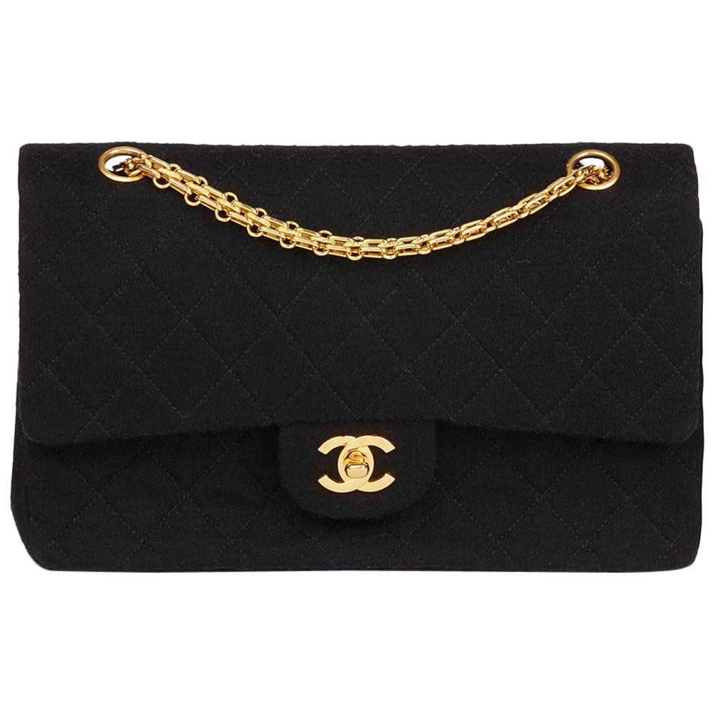 1990 Chanel Black Quilted Jersey Fabric Vintage Medium Classic Double Flap Bag