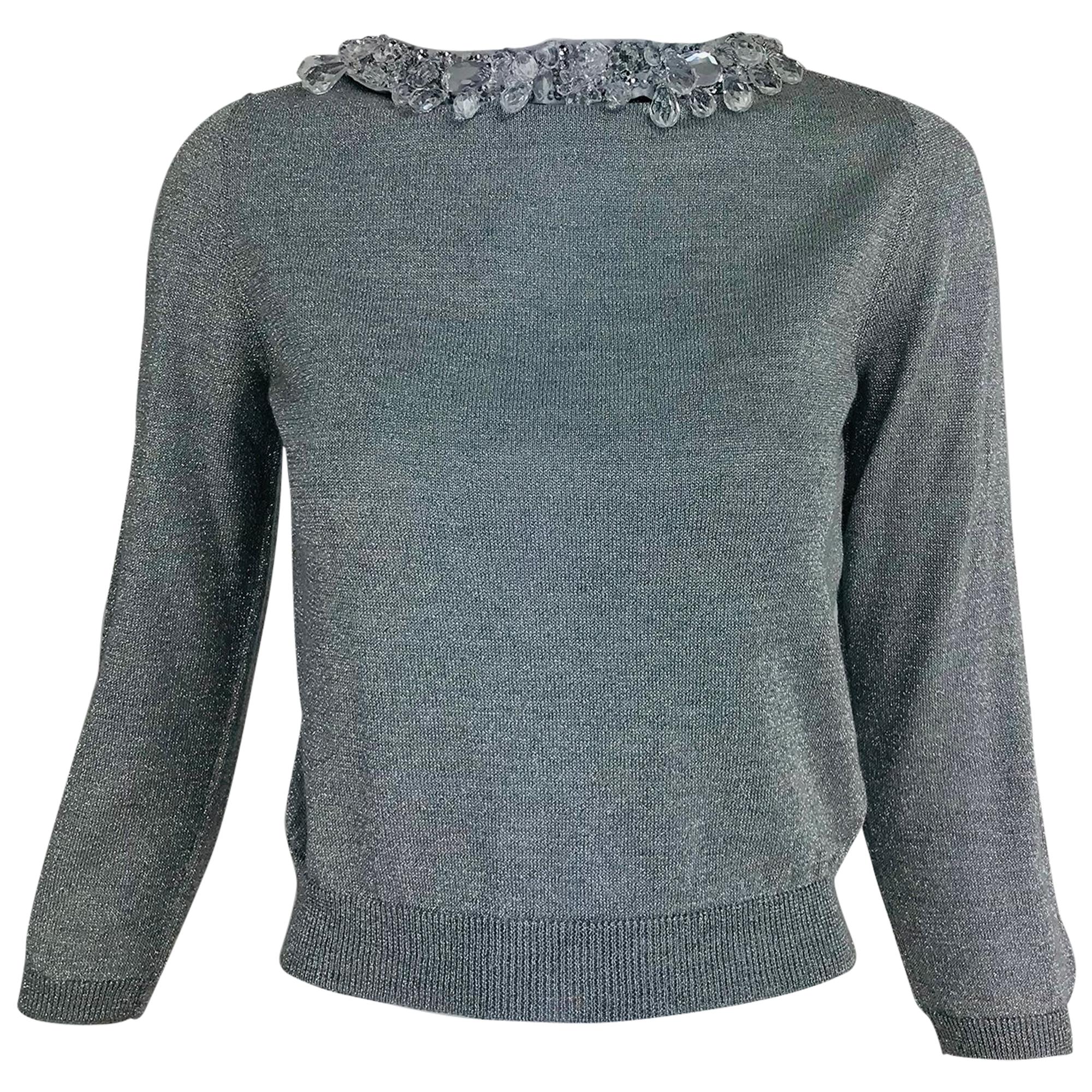Prada silver metallic grey rhinestone collar cardigan sweater