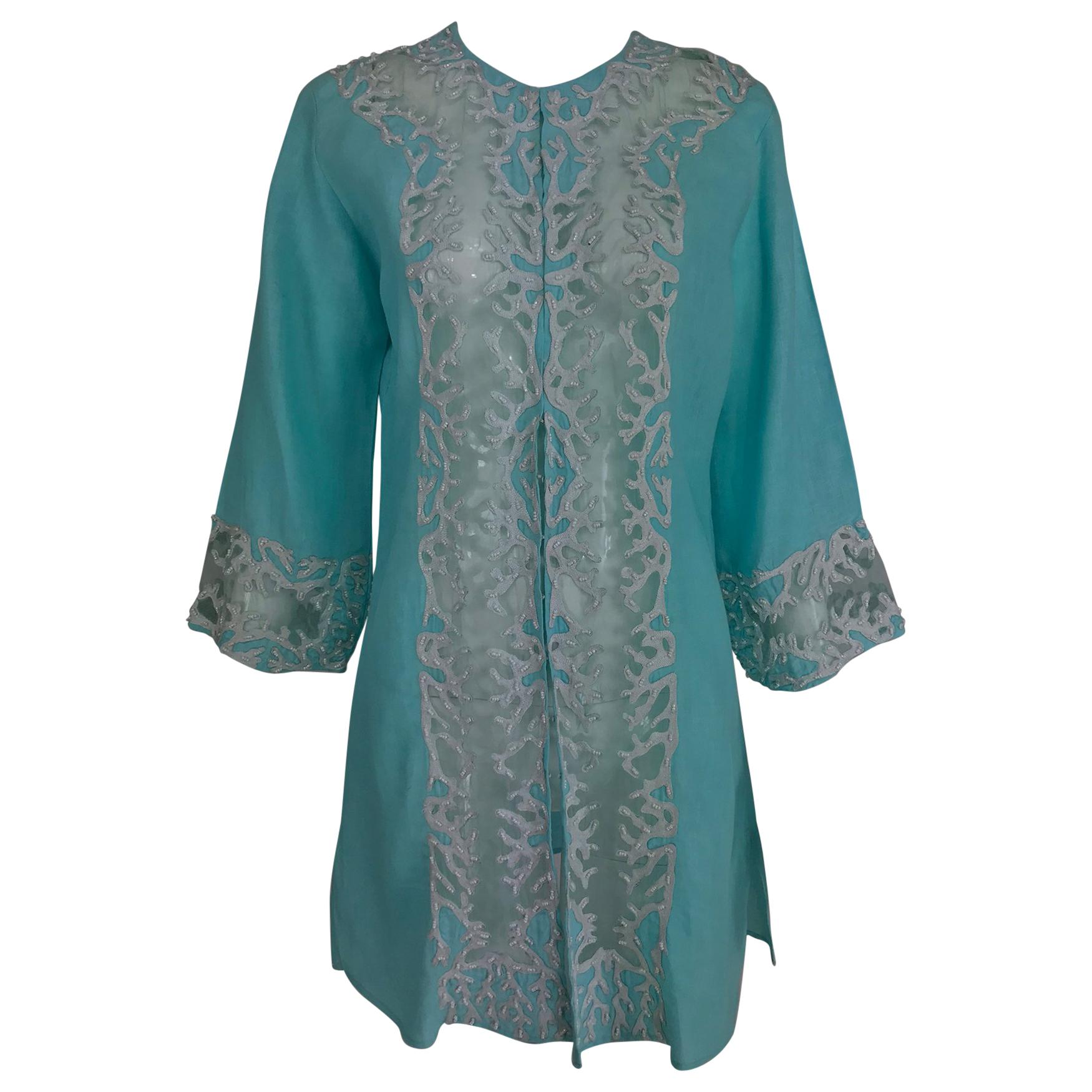 Jeannie McQueeny turquoise linen embroidered silk organza long jacket. 