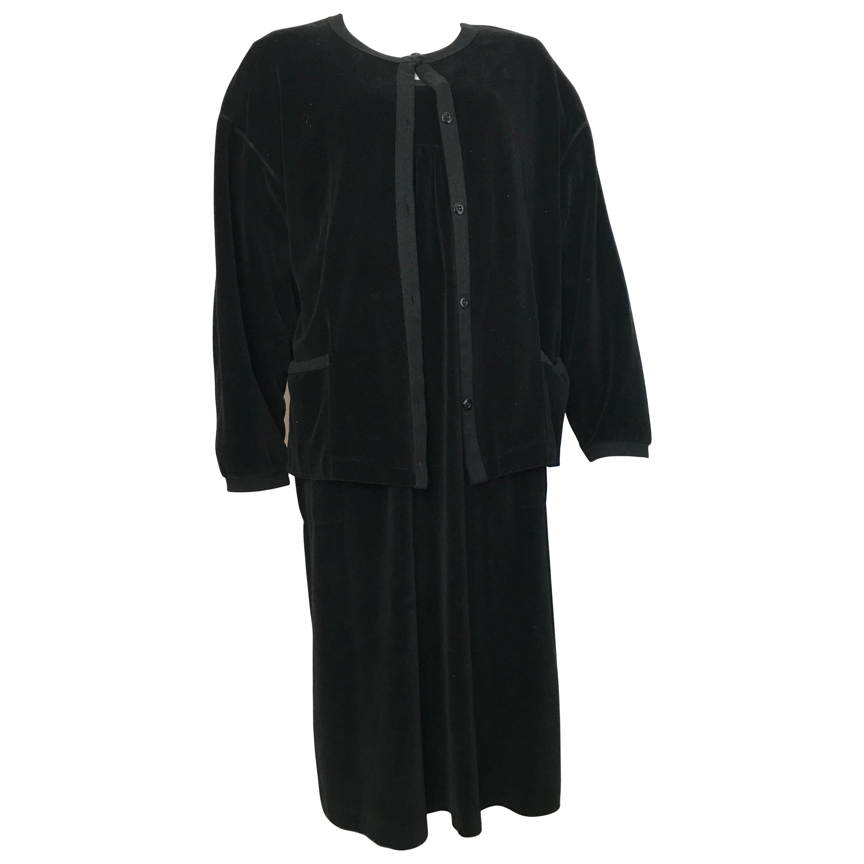 Sonia Rykiel 1980s Black Velour Dress with Pockets & Cardigan Size Large. For Sale