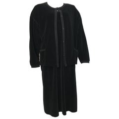 Vintage Sonia Rykiel 1980s Black Velour Dress with Pockets & Cardigan Size Large.