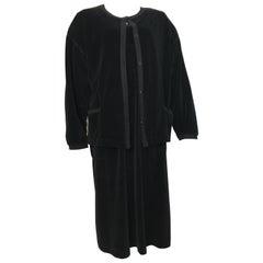 Retro Sonia Rykiel 1980s Black Velour Dress with Pockets & Cardigan Size Large.