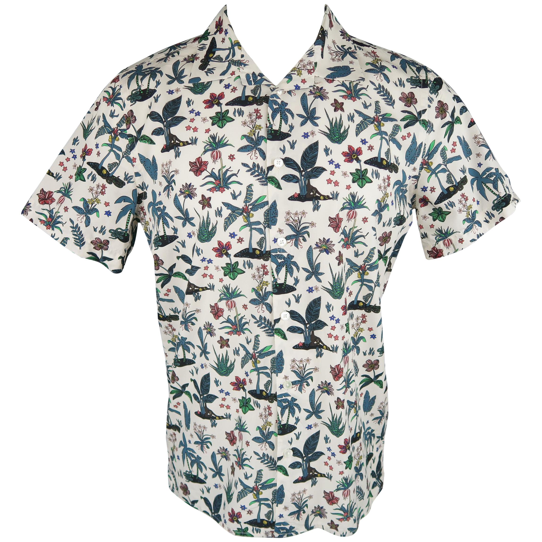 PS by PAUL SMITH M White Monkey Island Hawaiian Print Cotton Short Sleeve Shirt