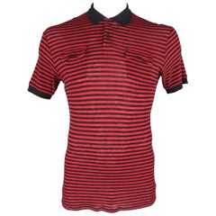 DIOR HOMME Size L Navy & Red Stripe Cotton Blend Knit Pocket POLO