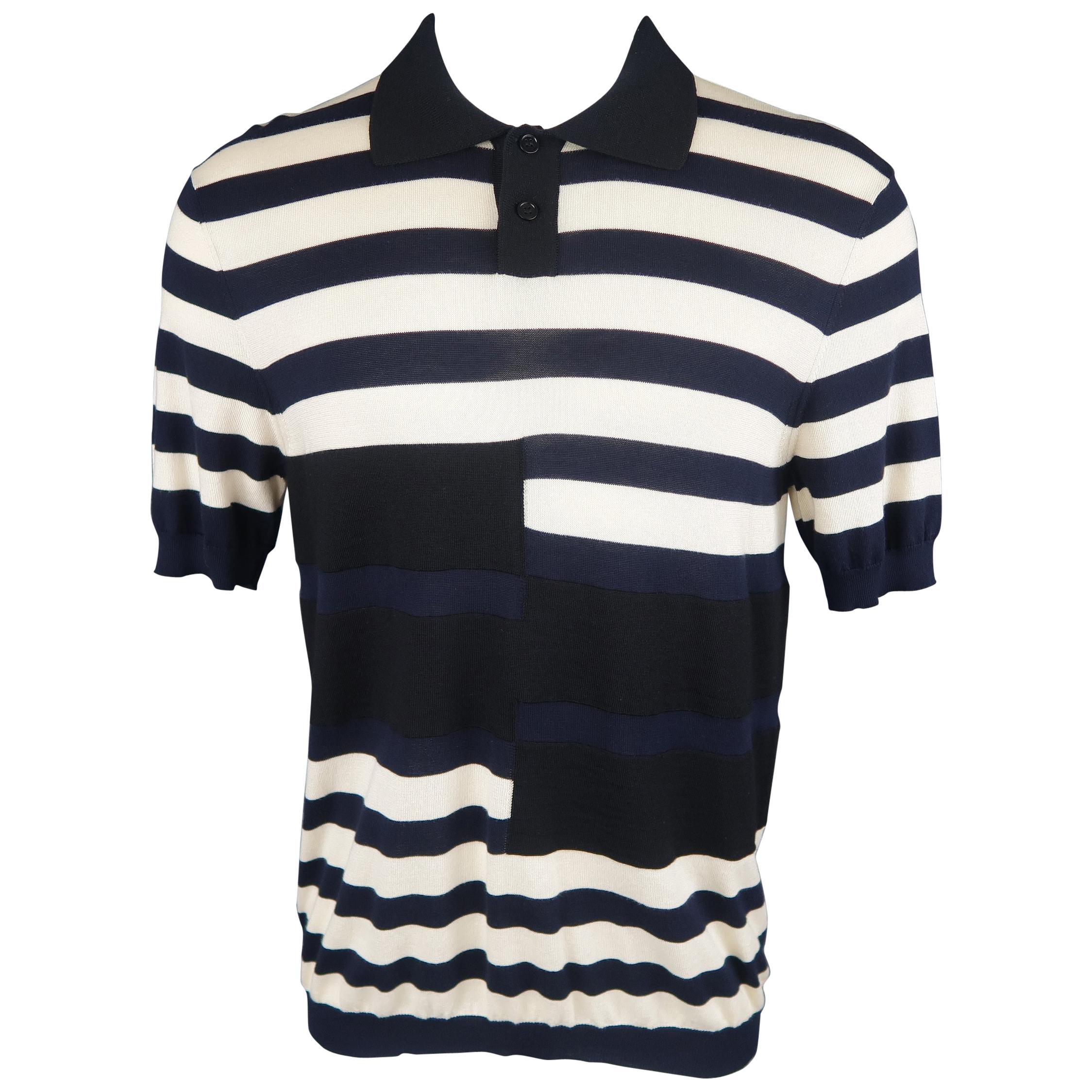MARNI Size S Black Navy & Beige Stripe Cotton / Wool POLO