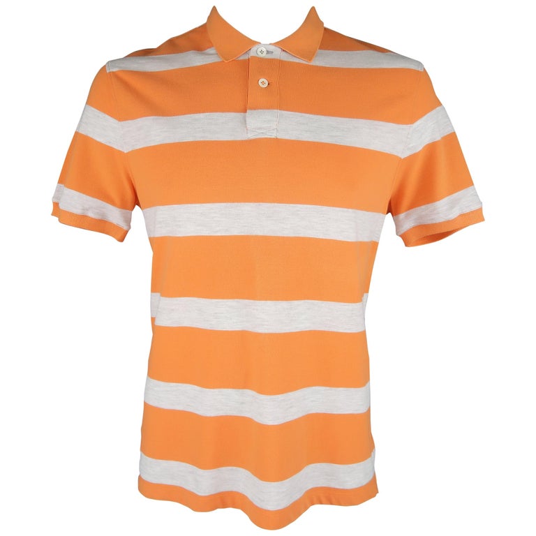 BRUNELLO CUCINELLI Size XL Orange and Stripe Pique POLO For Sale at 1stdibs