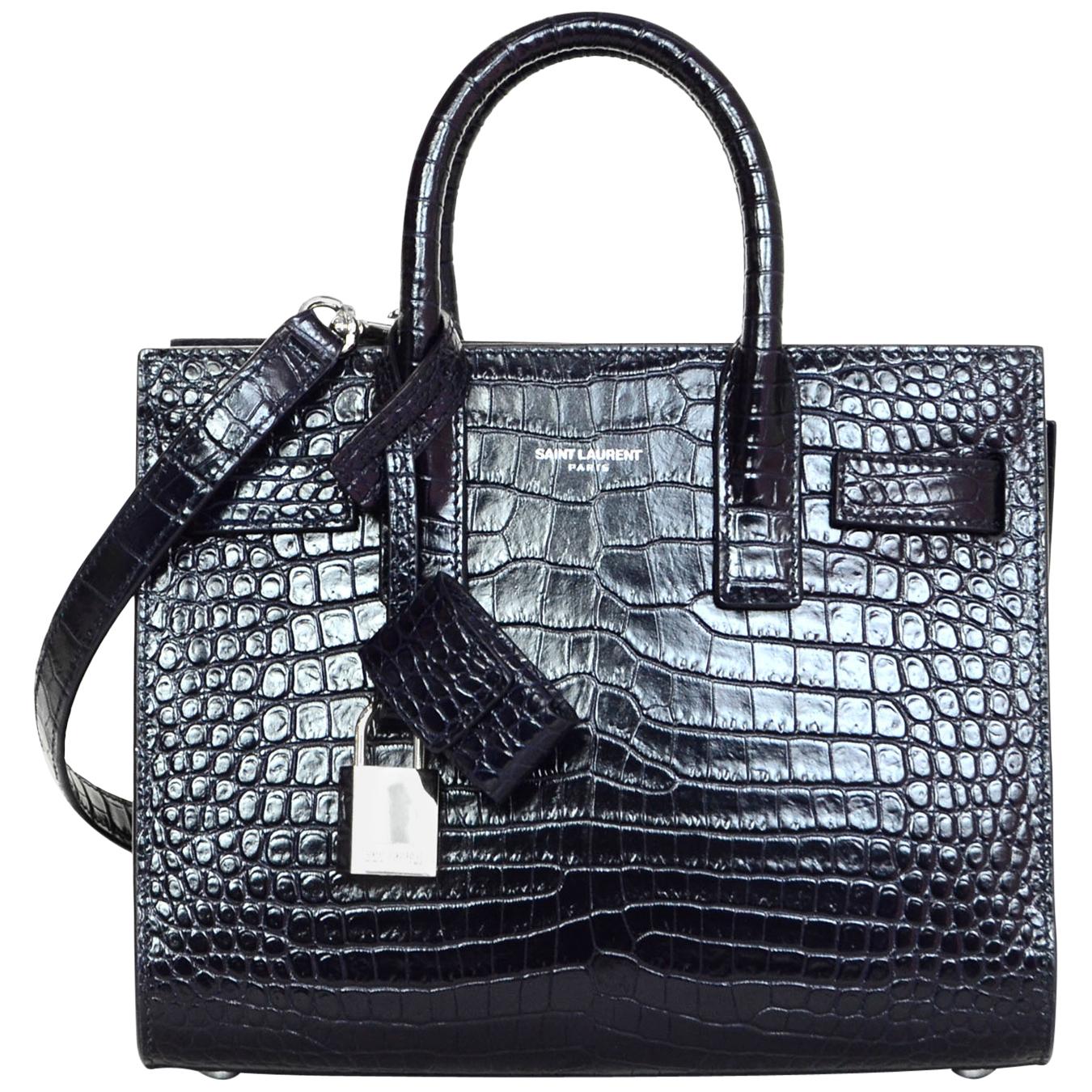 Saint Laurent Midnight Blue Croc-Embossed Nano Sac De Jour Tote Crossbody Bag