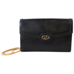 1970s Gucci Black Lizard Half Flap Evening Clutch