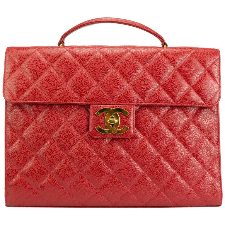 Chanel Rare Vintage 90s Red Caviar Executive Briefcase Laptop Flap Bag