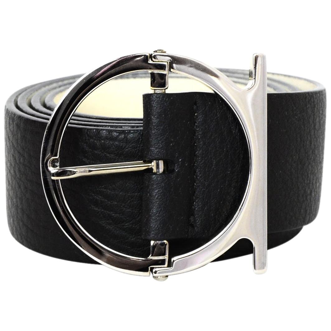 Ferragamo Black Textured Leather Gancio Buckle Belt sz 33.5-35.5"