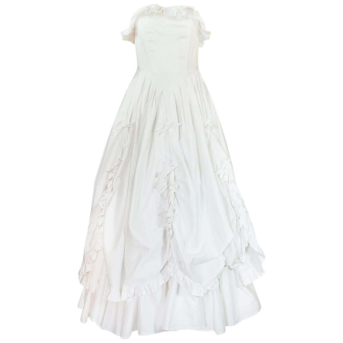 1985 Laura Ashley Crisp White Cotton Strapless Bow Dress at 1stDibs