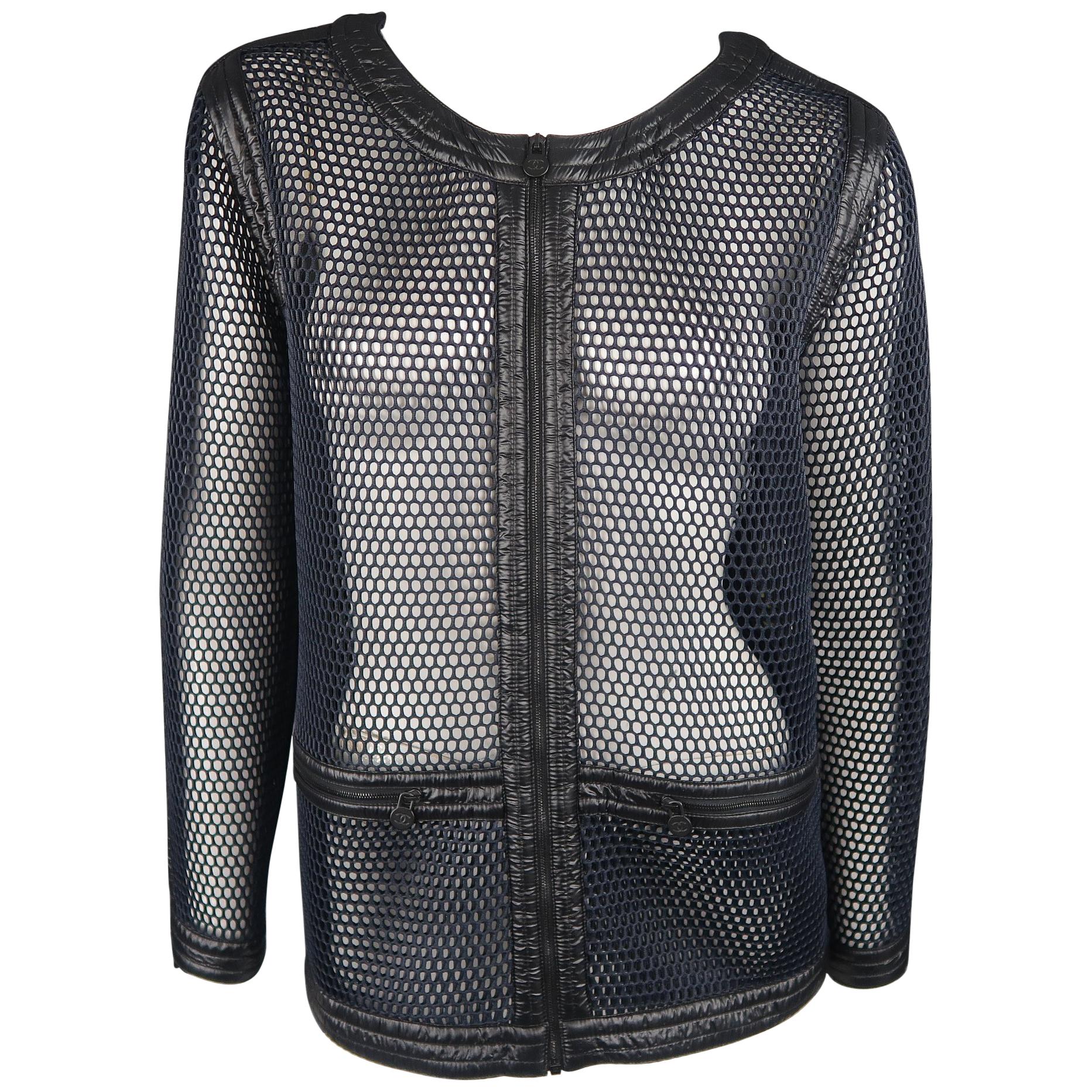 Chanel Navy and Black Mesh Scoop Neck Metallic Piping Sport Jacket