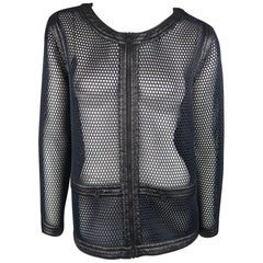 Chanel Navy and Black Mesh Scoop Neck Metallic Piping Sport Jacket