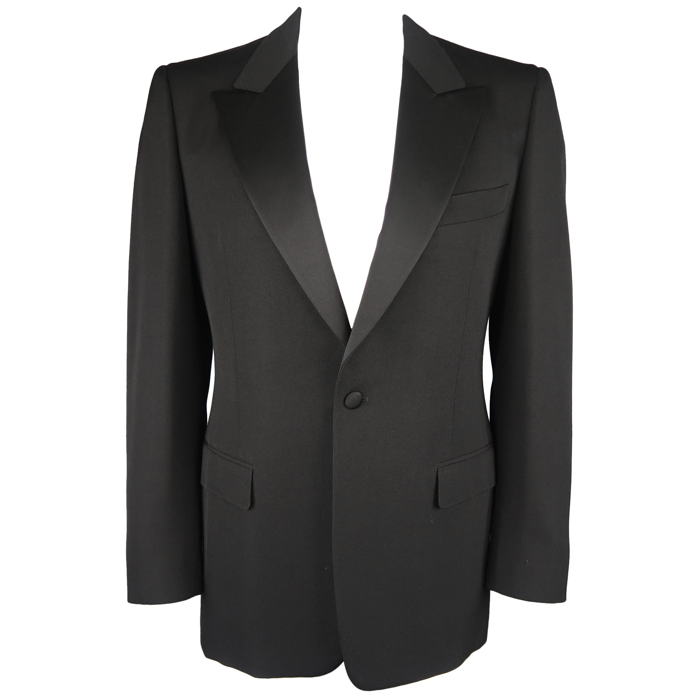 YVES SAINT LAURENT 42 Black Wool Satin Peak Lapel Le Smoking Jacket Sport Coat
