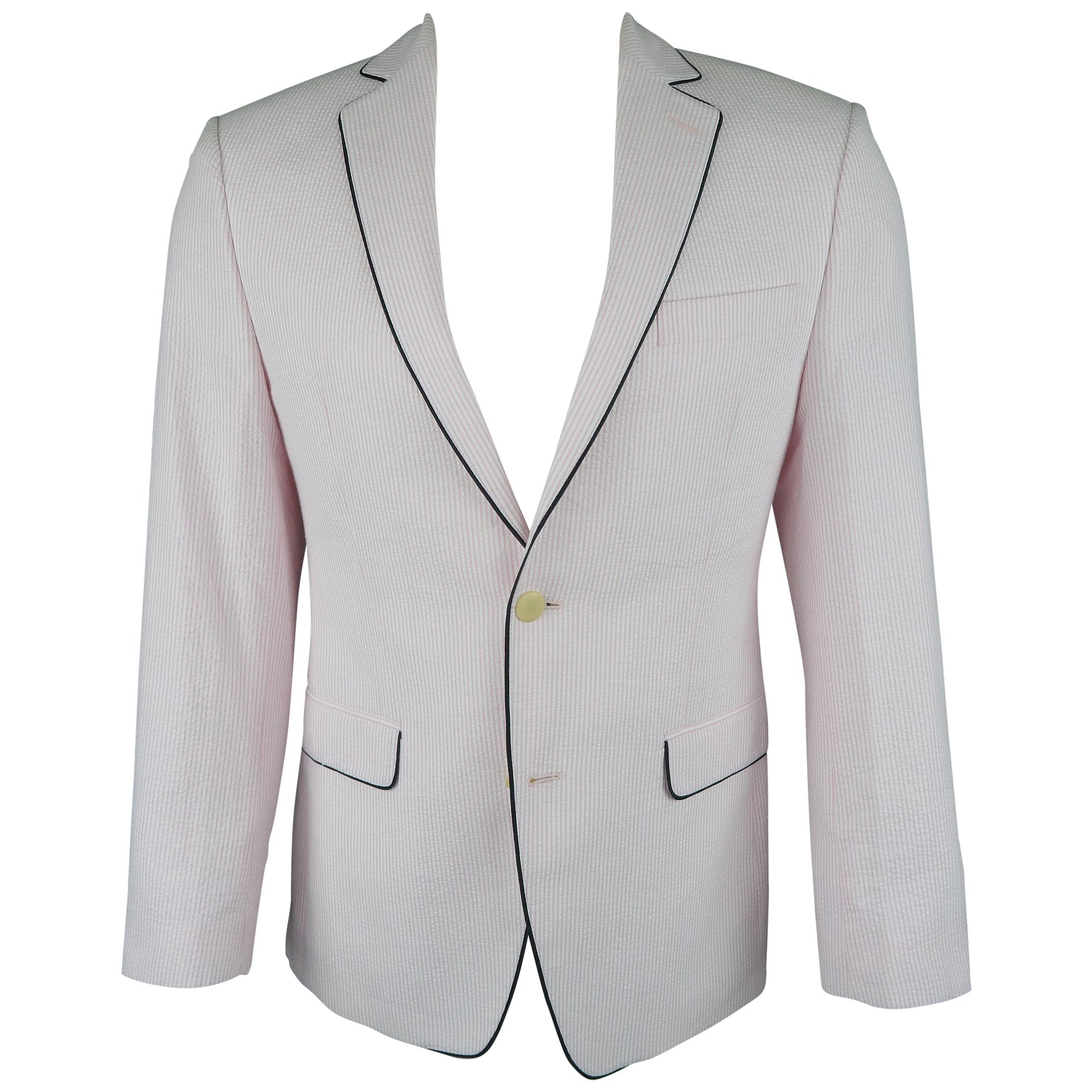 TALLIA 36 Regular Pink Stripe Seersucker Black Piping Sport Coat Jacket