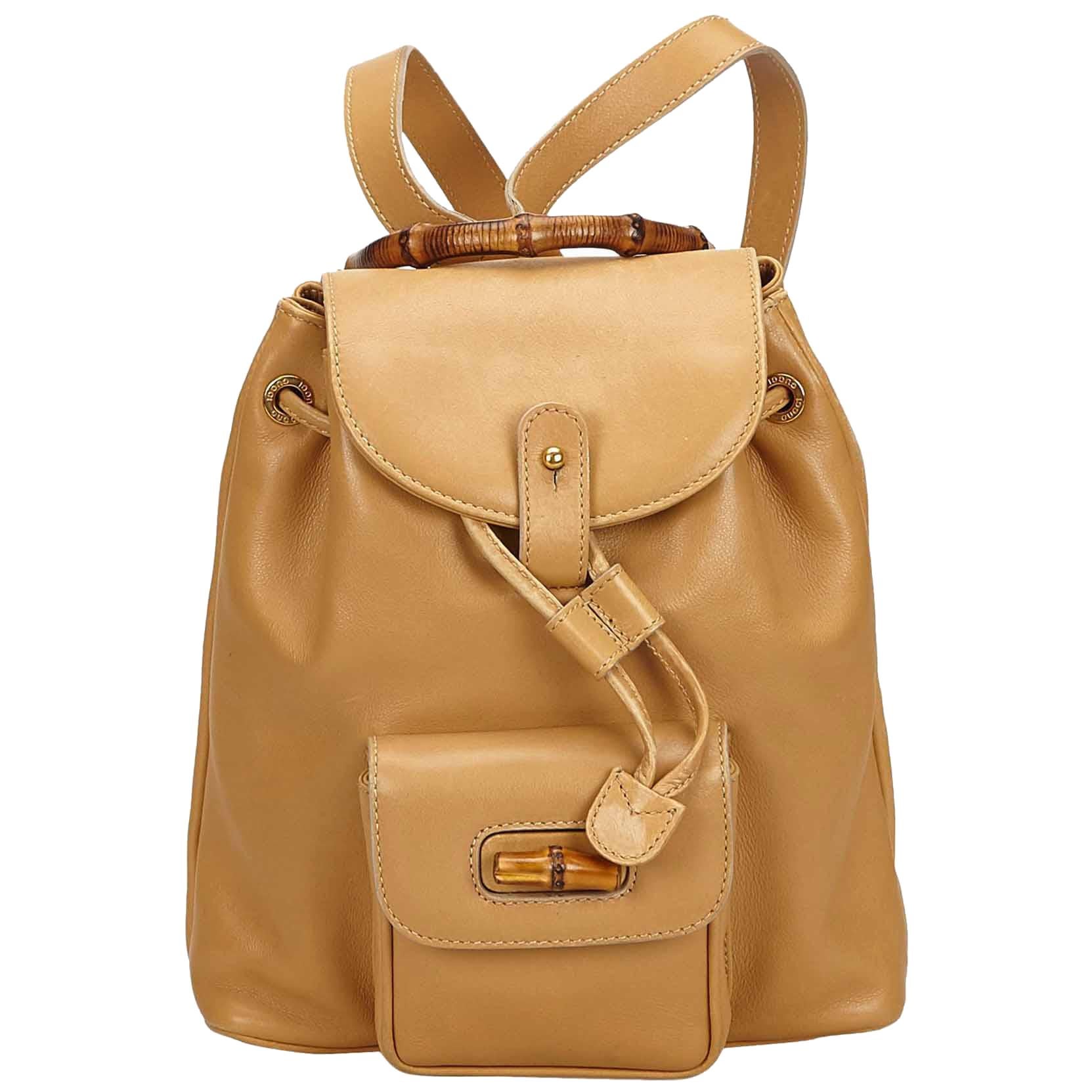 Gucci Beige Bamboo Calf Leather Drawstring Backpack