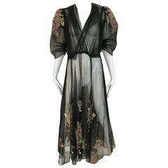 1930s Black Sheer Gown with Floral Silk Applique