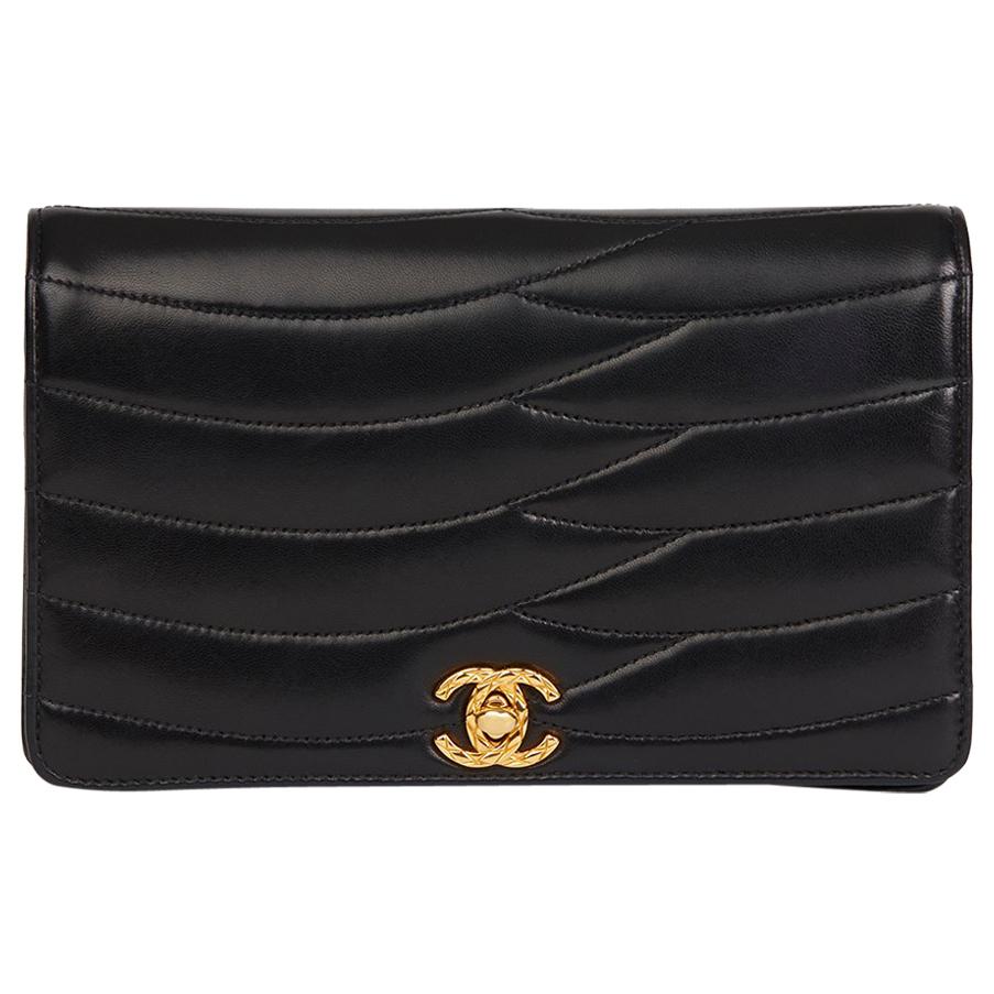 1992 Chanel Black Wave Quilted Lambskin Vintage Classic Clutch