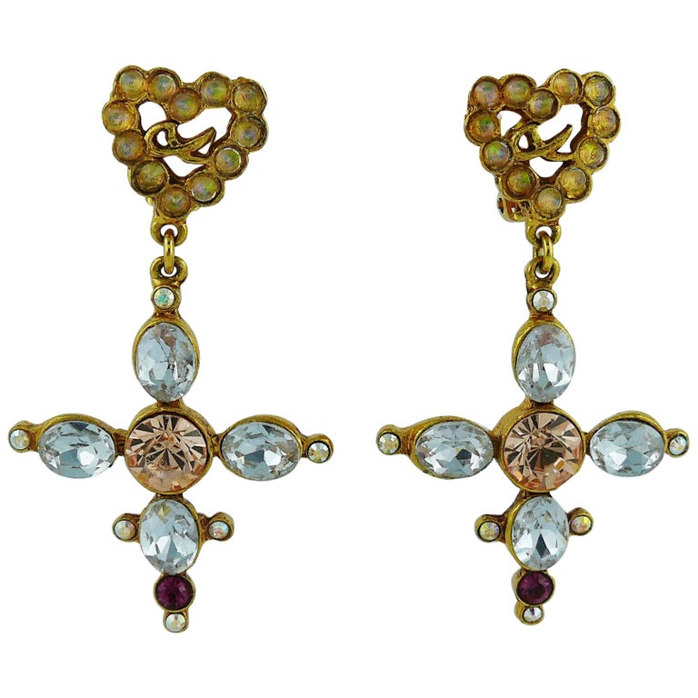 Christian Lacroix Vintage Jewelled Heart and Cross Dangling Earrings