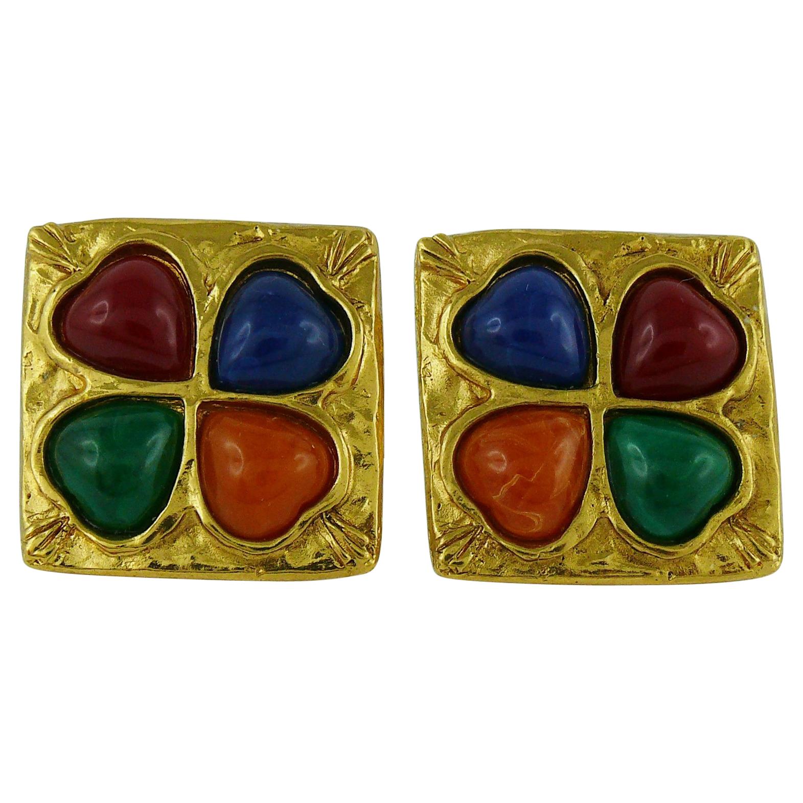 Yves Saint Laurent YSL Vintage Multicolored Resin Heart Clip-On Earrings