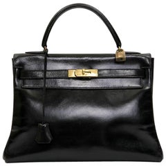 HERMES KELLY 32 Black Box Leather Bag Vintage in perfect condition  +lock/keys