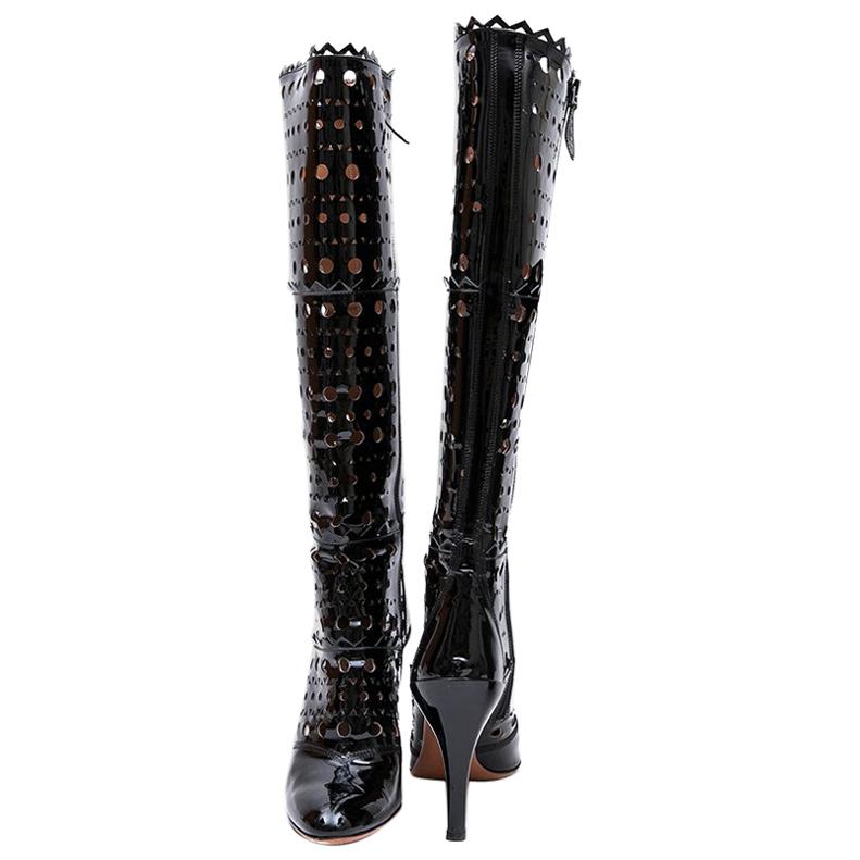 Alaia Black Patent Perforated Leather Boots 