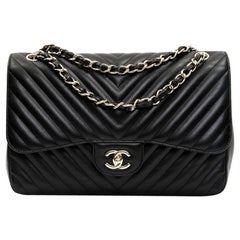 CHANEL Classic Jumbo Double Flap Bag in Black Lambskin Chevron Leather