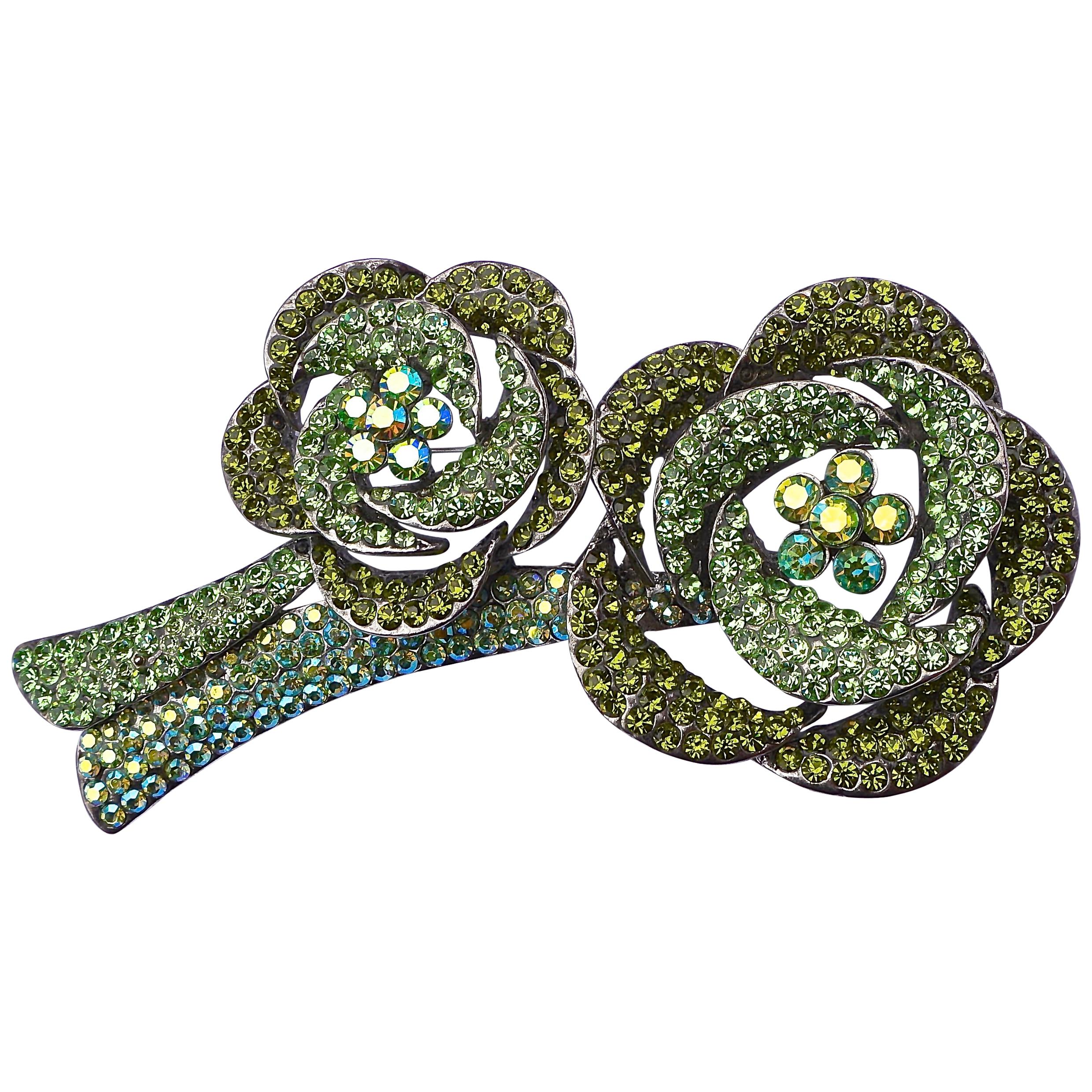 Butler & Wilson Large Two Tone Green and Aurora Borealis Crystal Flower Brooch For Sale
