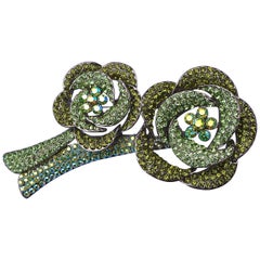 Vintage Butler & Wilson Large Two Tone Green and Aurora Borealis Crystal Flower Brooch