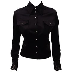 Valentino Satin & Lace Long Sleeve Blouse With Crystal Buttons 