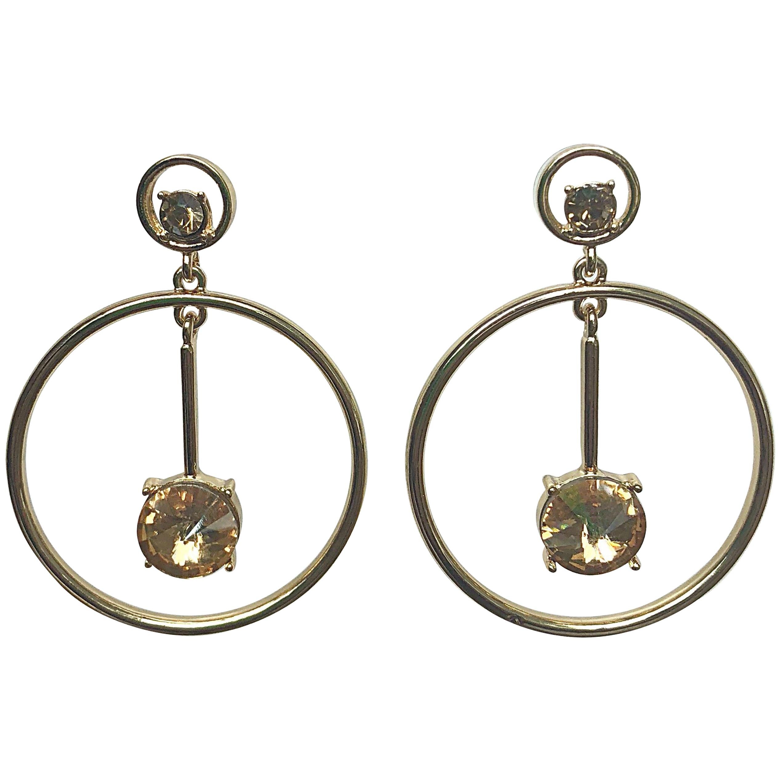 New Oscar de la Renta Gold Rhinestone Drop Pendant Hoop Pierced Earrings