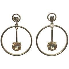 New Oscar de la Renta Gold Rhinestone Drop Pendant Hoop Pierced Earrings 