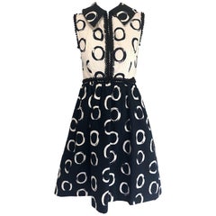 Oscar de la Renta 1960s Black and White Pique Cotton Beaded 60s A - Line Dress
