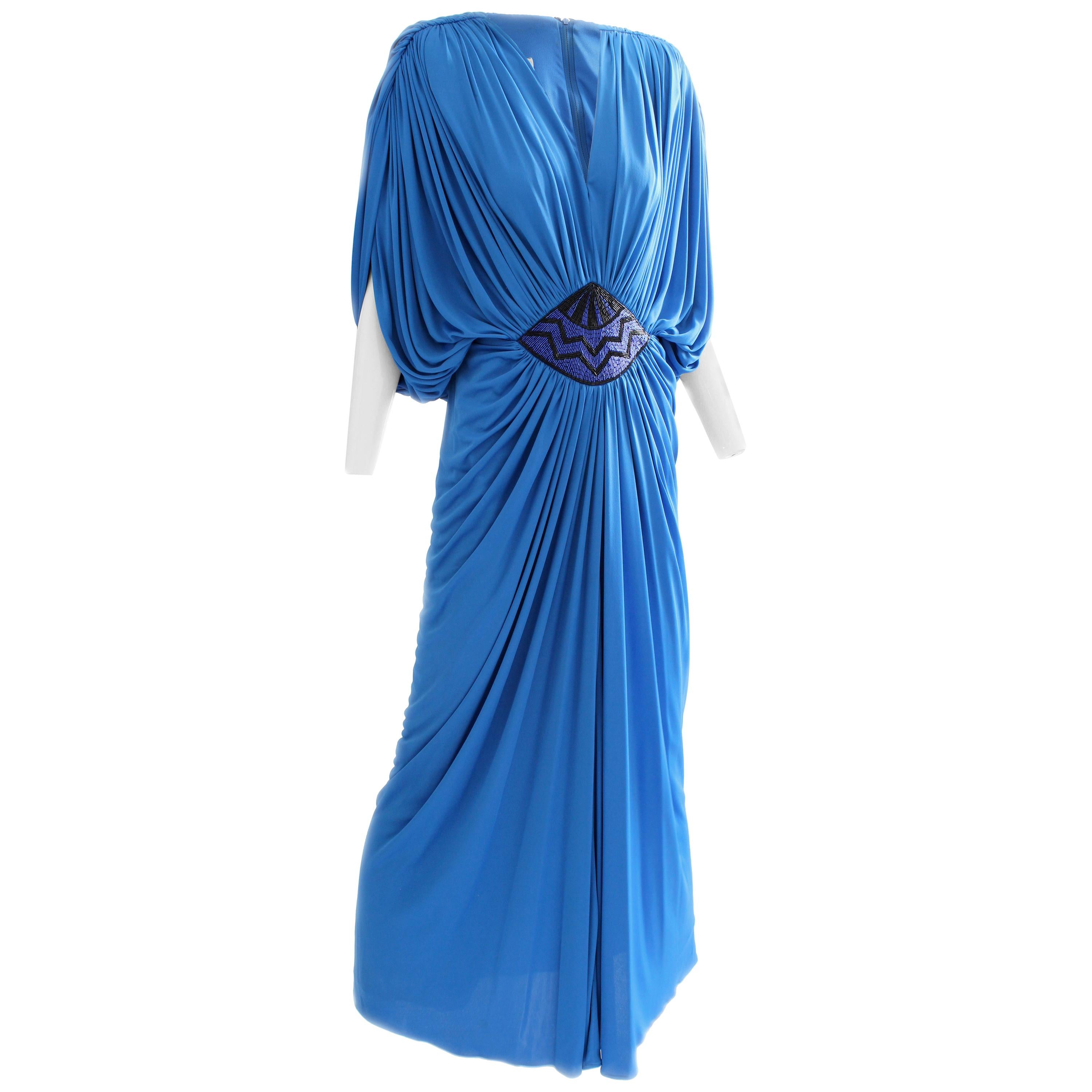 Tadashi Early Draped Cerulean Goddess Evening Gown With Embellished Waist 