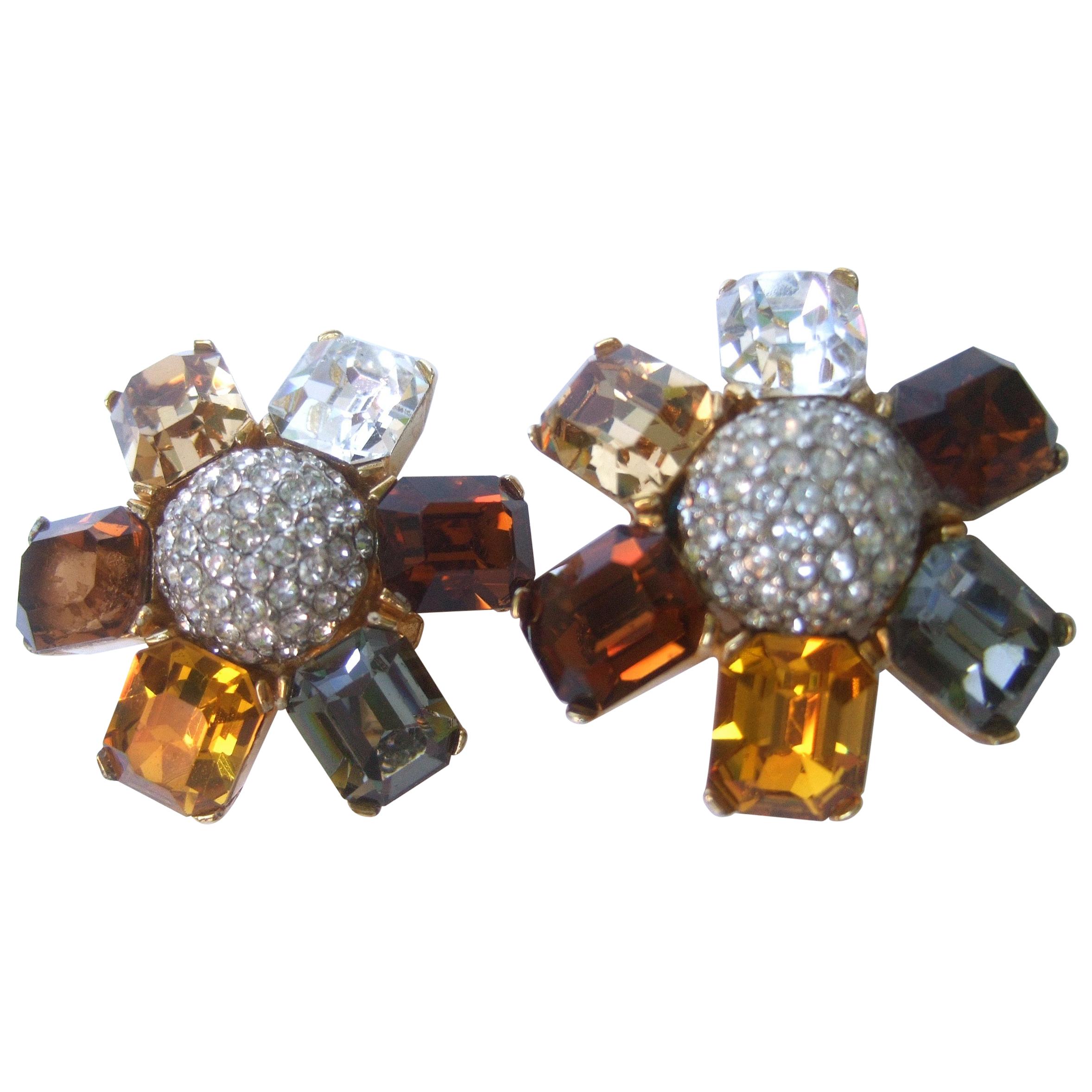 Ciner Autumn Crystal Large Scale Clip on Floral Earrings Circa 1980 