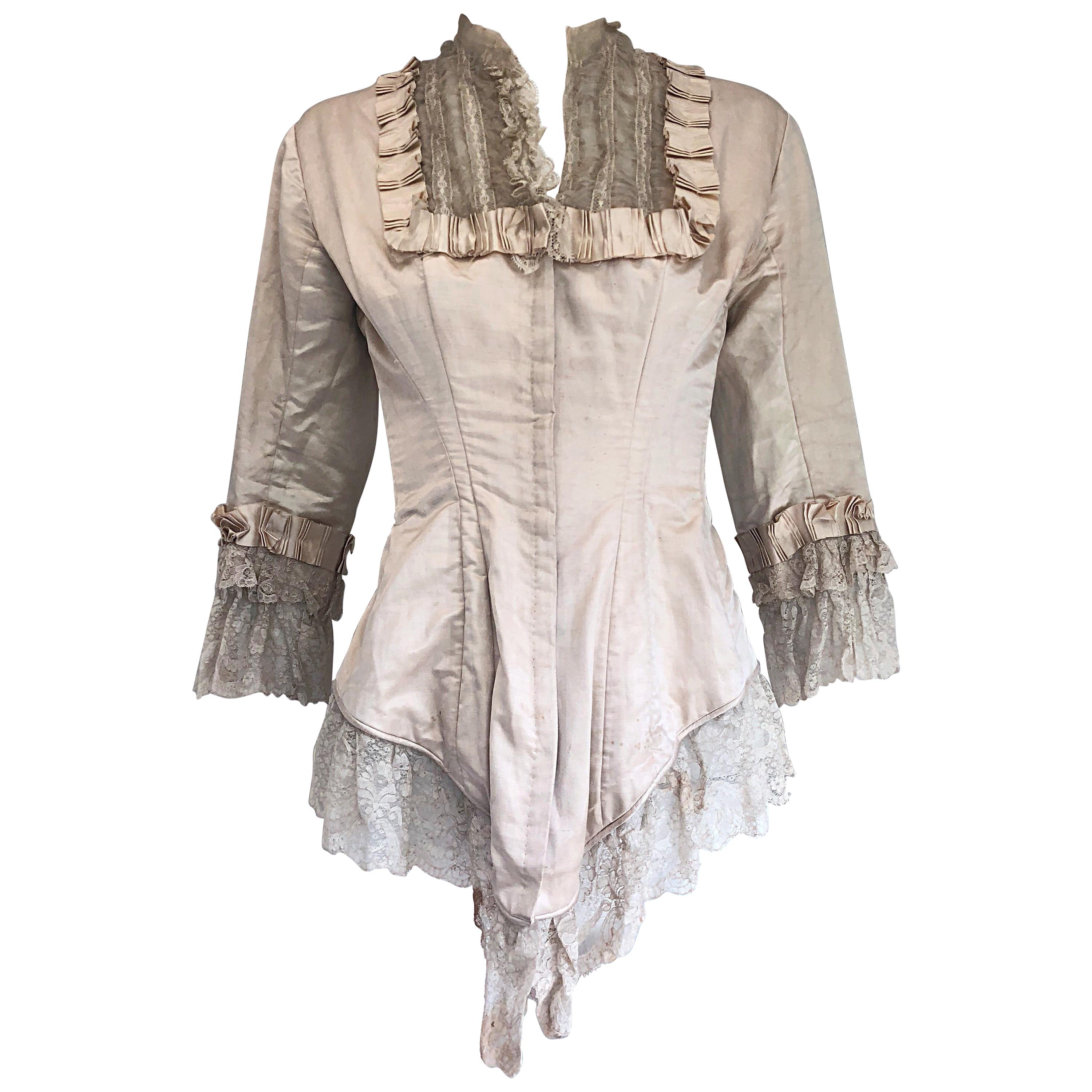 1880s Incredible Authentic Victorian Ivory Silk Lace Corset 1800s Couture Blouse For Sale