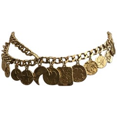 Yves Saint Laurent Gold Tone Clover Heart Moon Chain Link Charm Belt, 1980s
