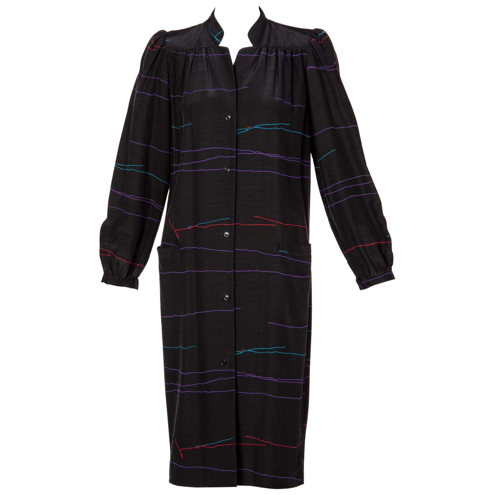 Vintage Halston Black Abstract Striped Silk Dress Coat, 1970s For Sale