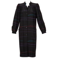 Retro Halston Black Abstract Striped Silk Dress Coat, 1970s