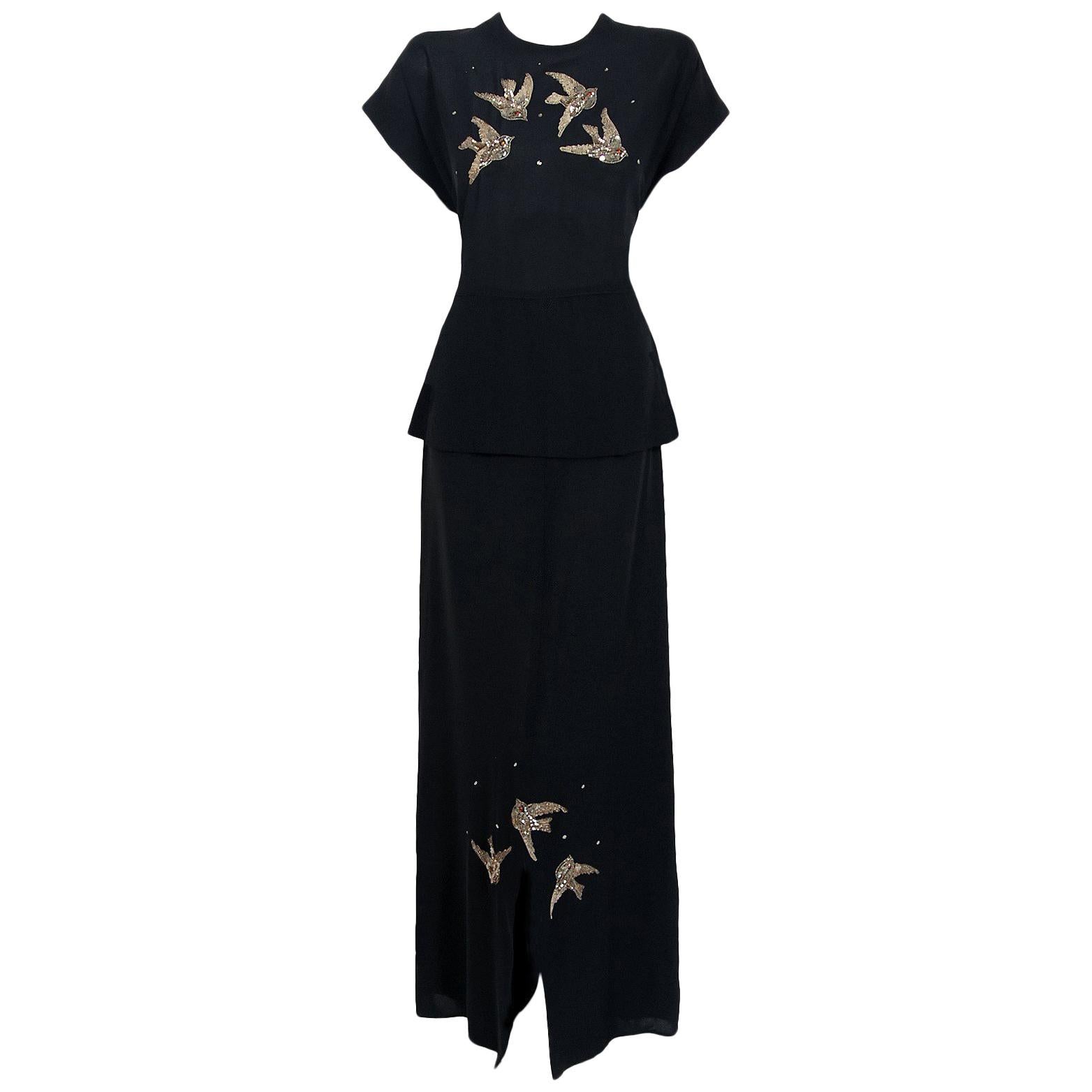 1940's Flying Birds Sequin Metallic Embroidered Novelty Black Silk Peplum Gown
