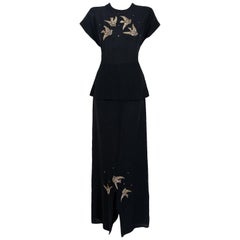 Vintage 1940's Flying Birds Sequin Metallic Embroidered Novelty Black Silk Peplum Gown