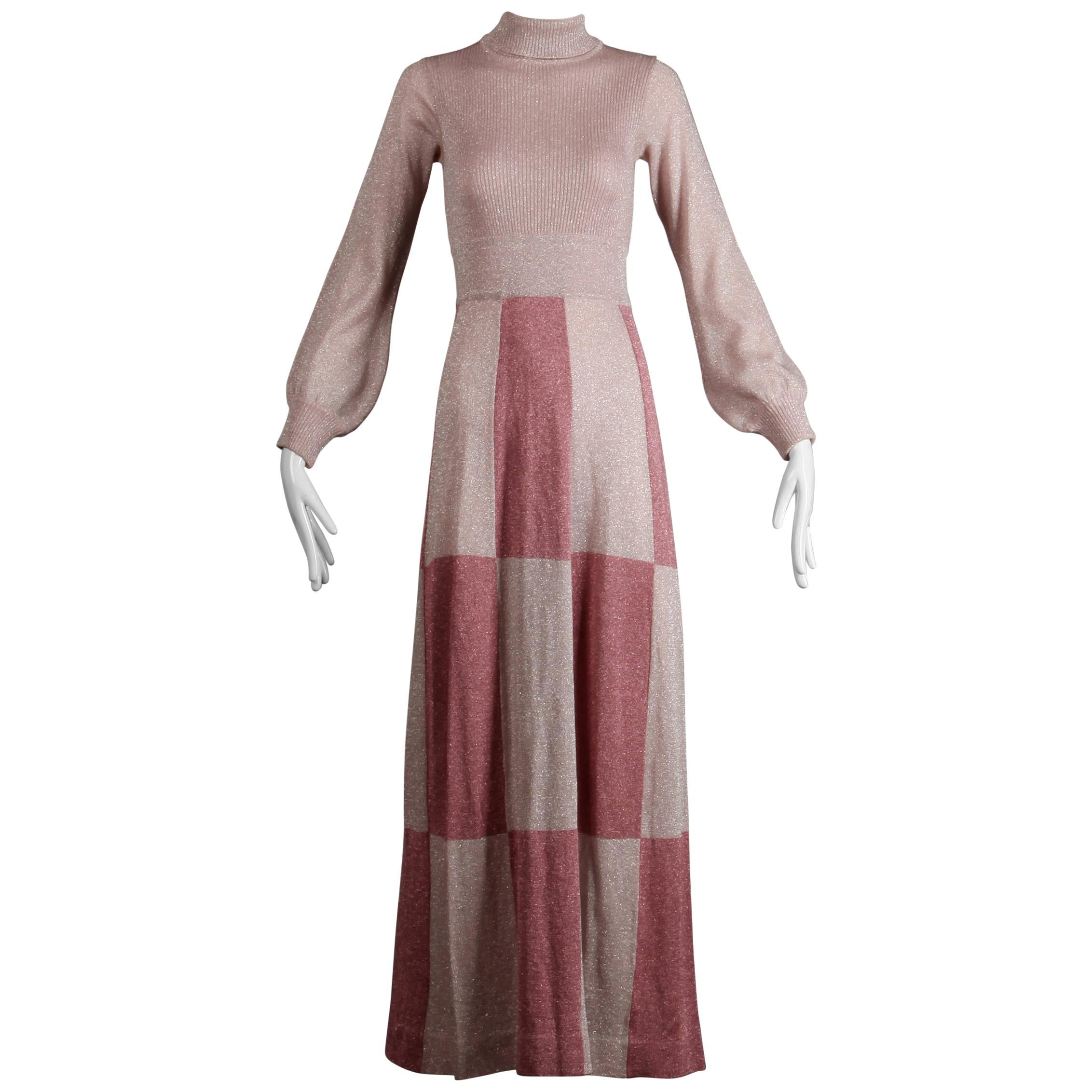 1970s Wenjilli Vintage Metallic Pink Knit Maxi Dress