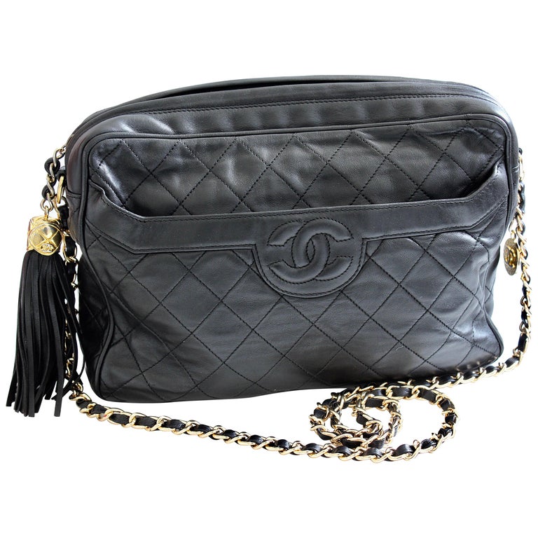 Vintage Chanel Quilted Shoulder Bag Black Lambskin Leather Matelasse Vintage Chanel Quilted Shoulder Bag Black Lambskin Leather Matelasse Cc Logo 80s For