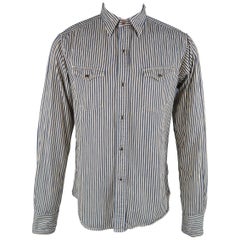 45rpm Size L Navy & Beige Train Stripe Cotton Long Wetsren Sleeve Shirt
