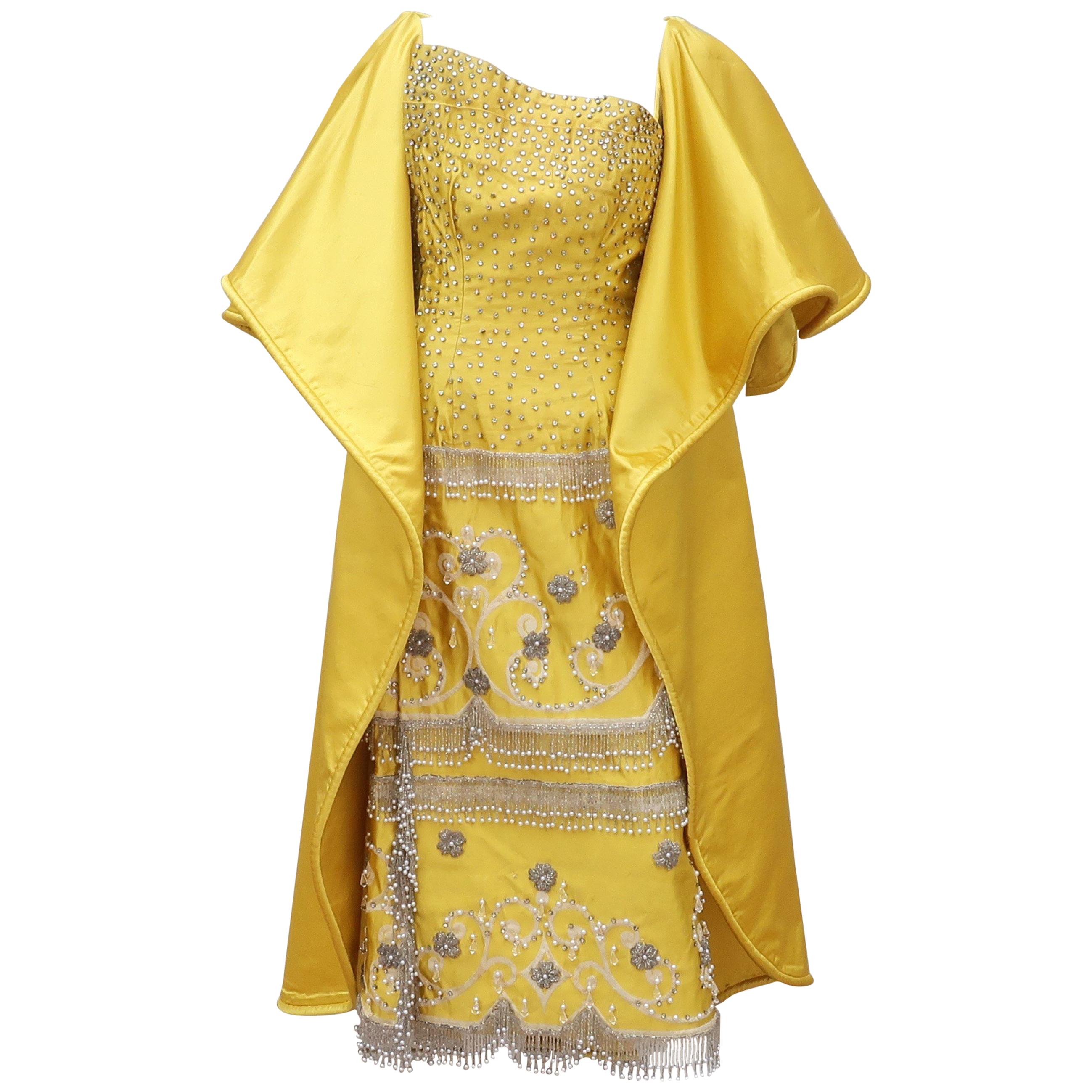 1950’s Showgirl Style Yellow Satin Beaded Fringed Dress With Wrap Coat